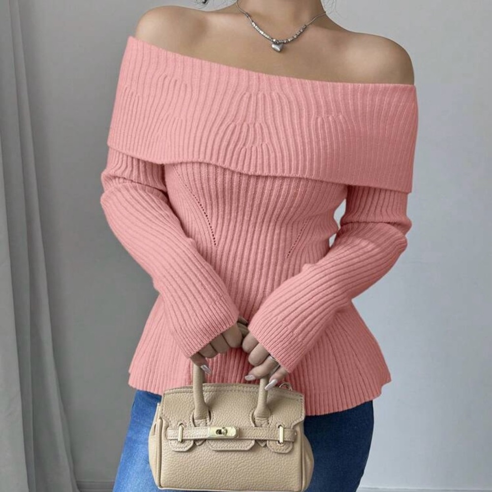 Elegant Off-Shoulder Pink Sweater - Picture 3 of 3